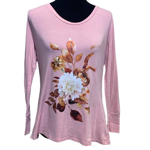 Hand Printed Upcycled Large Fall Leaves Floral Harvest Bouquet Long Sleeve Tee - Picture 1 of 3